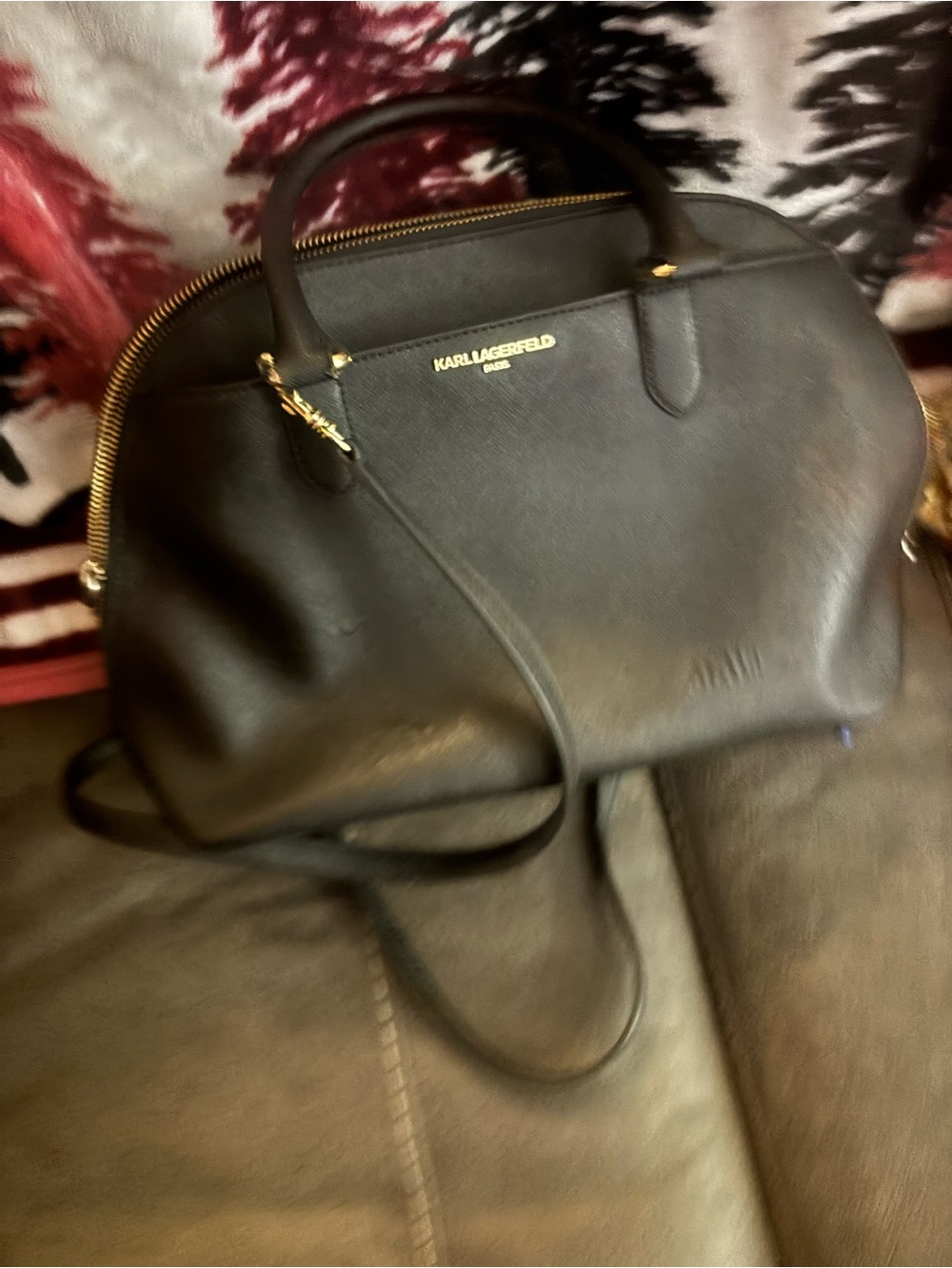 KARL LAGERFELD Black Dome Satchel with Gold Hardware